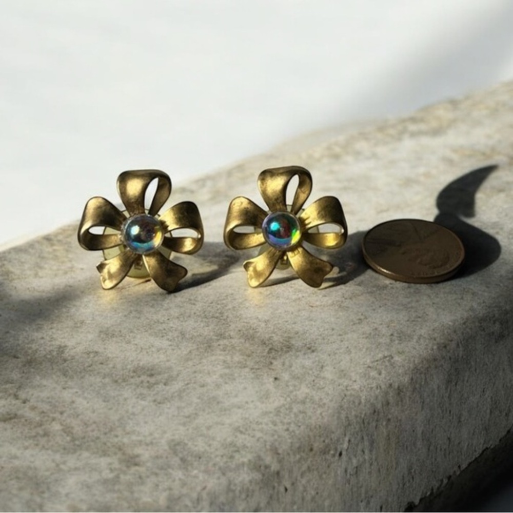 Vintage Gold Bow Earrings with stone Accents Victorian revival style